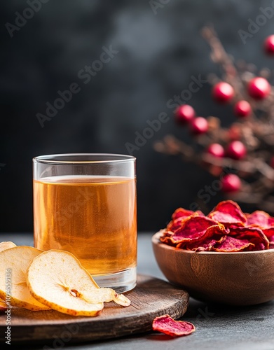 Refreshing beverage with dried fruit and herbs on rustic wooden table