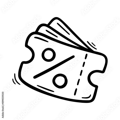 Black and white hand drawn doodle illustration of a discount coupon with a percentage sign, symbolizing sales, vouchers, or promotional offers for shopping and deals.