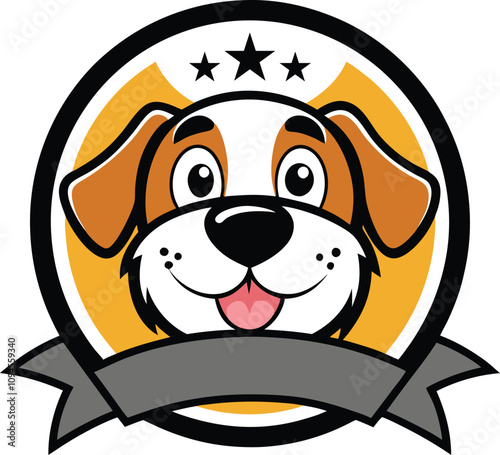 Happy Dog Mascot Logo: Cartoon dog head with banner. Perfect for pet shops, dog walkers, or any business needing a friendly mascot.