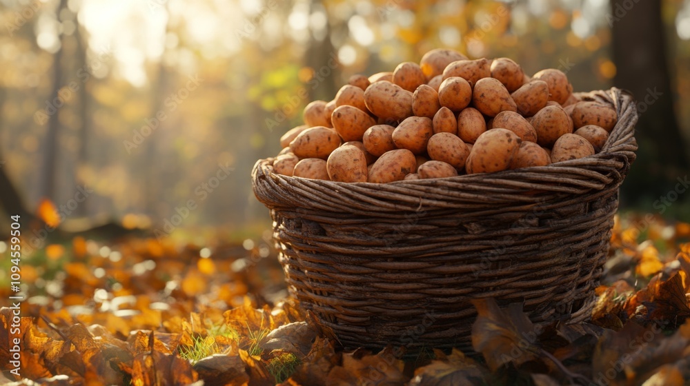 A wicker basket overflowing with potatoes sits on a bed of fallen autumn leaves. A wicker basket overflowing with potatoes sits on a bed of fallen autumn leaves.