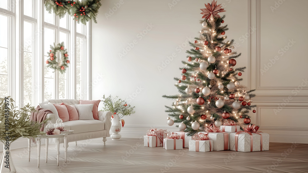 Aesthetic room interior design with Merry Christmas elements. Wall with New Year decoration in the apartment. Holiday tree in the room. Aesthetic room interior design with Merry Christmas elements. Wall with New Year decoration in the apartment. Holiday tree in the room.