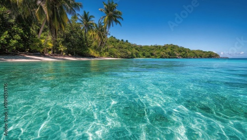 Crystal clear turquoise water on a tropical beach with lush greenery and bright sun