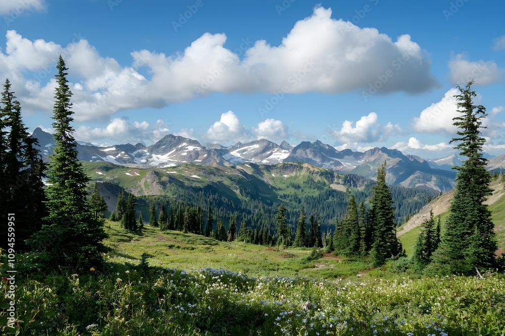 Majestic mountain landscape with green valleys and blue skies Majestic mountain landscape with green valleys and blue skies
