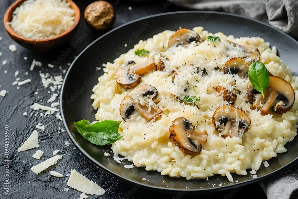 Delicious mushroom risotto served with cheese and fresh basil Delicious mushroom risotto served with cheese and fresh basil