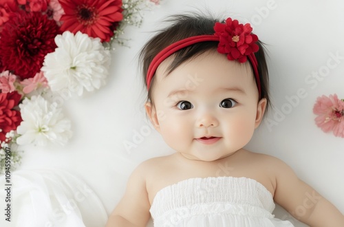 Charming baby with a red flower headband lying on a cozy surface