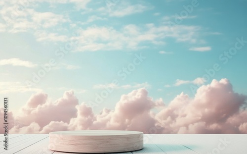 Cloudy sky with a white podium on a wooden surface during daylight hours