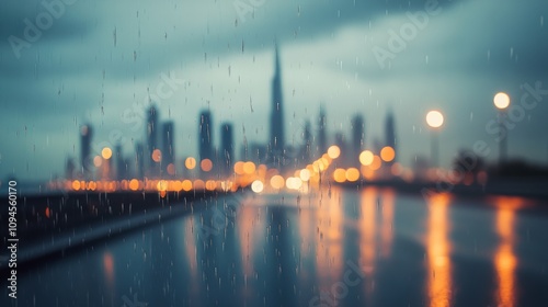 City skyline at night during rain with reflections and blurred lights