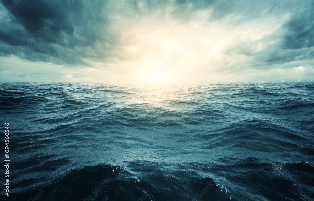Fototapeta premium Dark storm clouds over turbulent ocean waters create a dramatic seascape