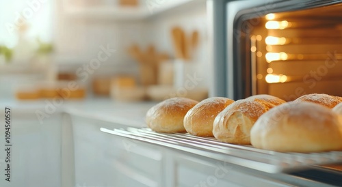 Freshly baked bread rolls cooling on a rack in a warm kitchen during the morn...