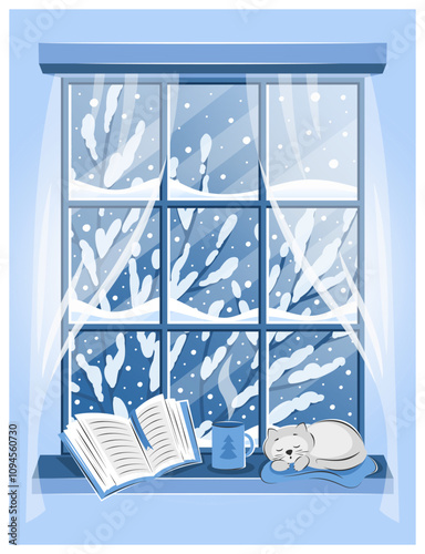 Winter window with landscape, cat sleeping and book on the sill. Cozy vector illustration  for bookstore, library, sale in bookshop. 