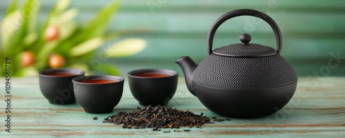 Brewing black tea with teapot and loose leaves on wooden table surrounded by ...
