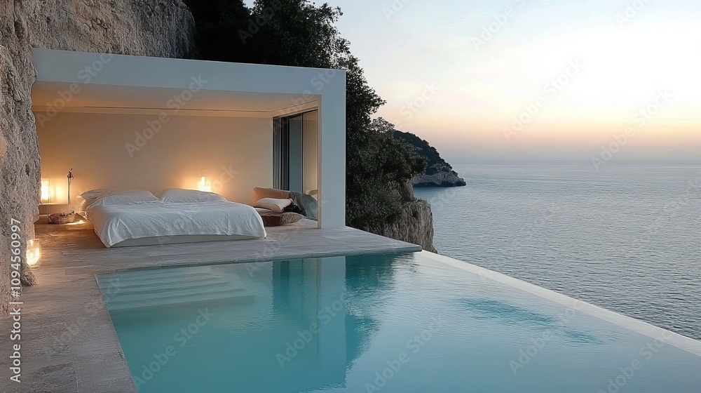 Fototapeta premium Luxurious Cliffside Bedroom with Infinity Pool and Ocean Views