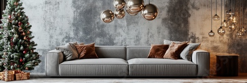 Cozy holiday living room decorated with Christmas trees and stylish furniture...
