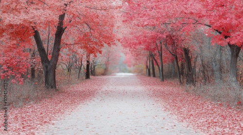 Colorful autumn foliage covers a peaceful pathway in a serene forest setting