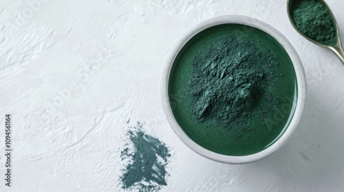 Vibrant green spirulina powder in a bowl with a spoon, ideal for detox smoothies, set against a clean white backdrop for a fresh aesthetic.
