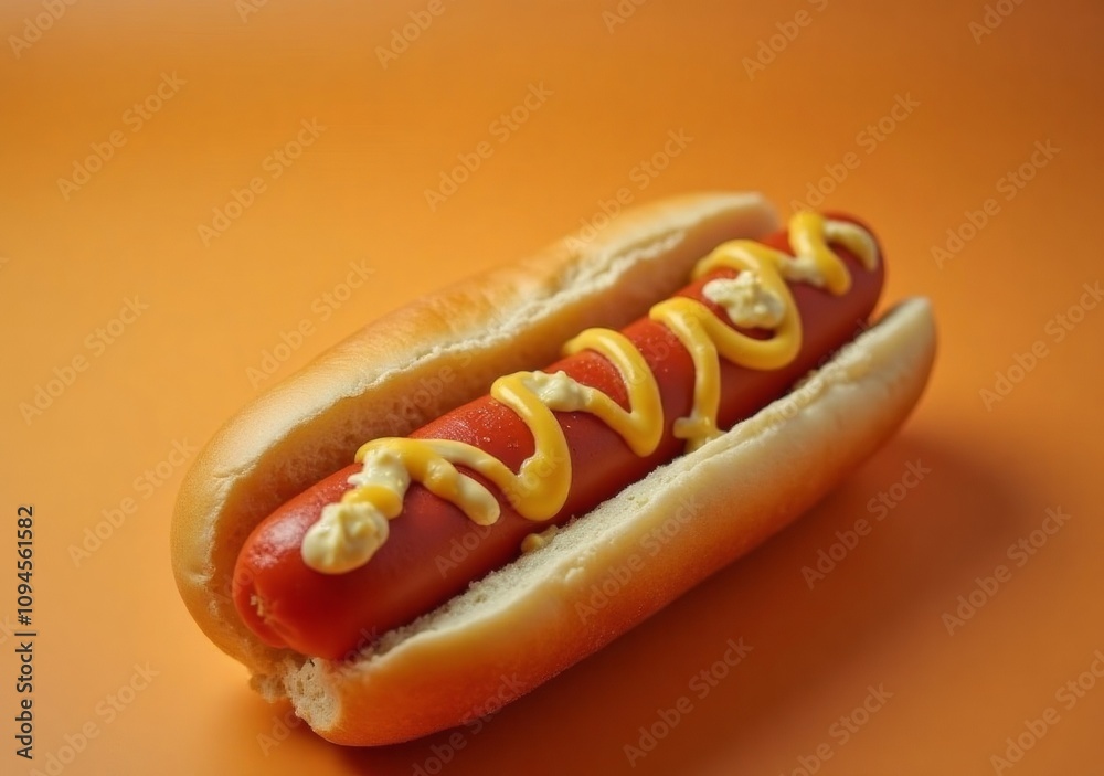 Freshly made hot dog topped with mustard on a vibrant orange background Freshly made hot dog topped with mustard on a vibrant orange background