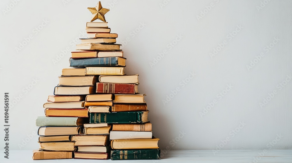 Stack of books is piled on top of each other to form a Christmas tree. The books are of various sizes and colors, and the tree is topped with a star. Concept of warmth and coziness Stack of books is piled on top of each other to form a Christmas tree. The books are of various sizes and colors, and the tree is topped with a star. Concept of warmth and coziness