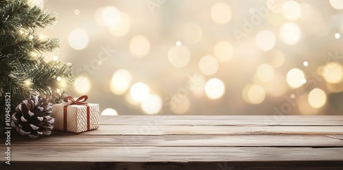 Beautiful Christmas tree with presents on wooden table against colorful bokeh...
