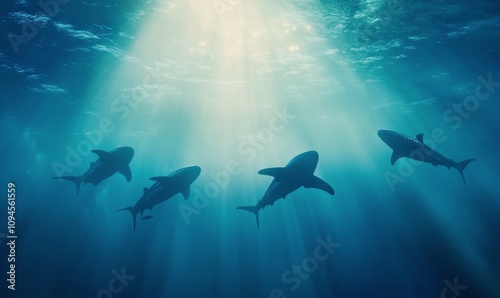 Sharks swimming gracefully in deep blue ocean waters during calm daylight hours