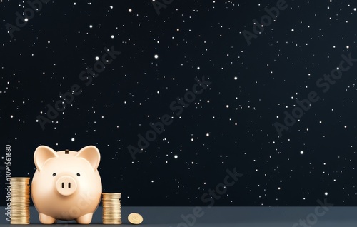Golden piggy bank beside stacked coins on grey surface symbolizes saving mone...