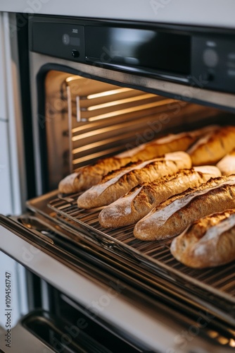 Freshly baked bread loaves rising in the oven at a cozy kitchen in the morning