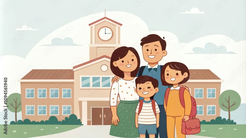 A family portrait taken with a backdrop of a school symbolizing their dedication to securing education for their children. A family portrait taken with a backdrop of a school symbolizing their dedication to securing education for their children.