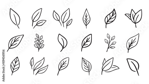 Hand drawn leaf eco set. Black line doodle leaf icons