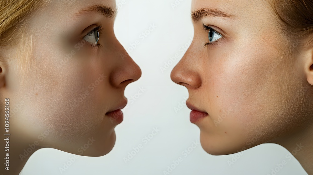 13. A split view of a male and female face structure, highlighting gender differences, on a white background 13. A split view of a male and female face structure, highlighting gender differences, on a white background