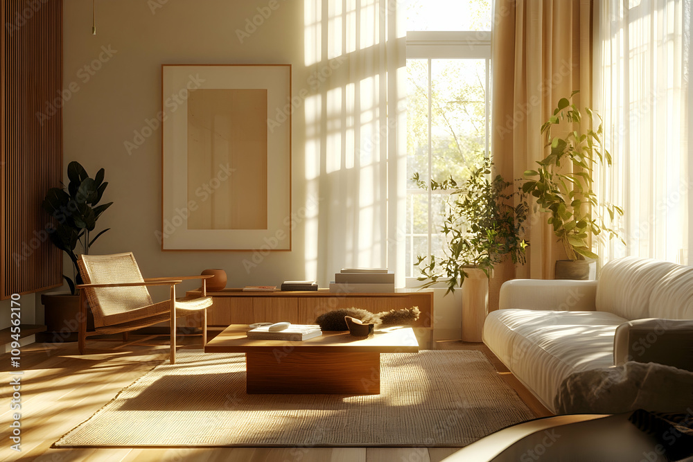 Scandinavian-inspired modern living room featuring sunlight, warm wood tones, and sleek furnishings . image Scandinavian-inspired modern living room featuring sunlight, warm wood tones, and sleek furnishings . image