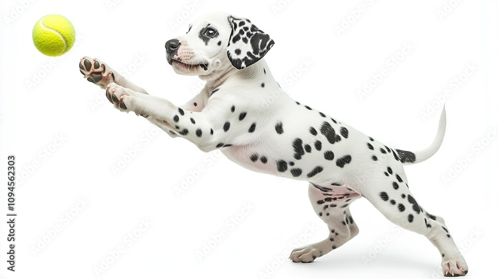 Playful Dalmatian Puppy Leaping for Tennis Ball