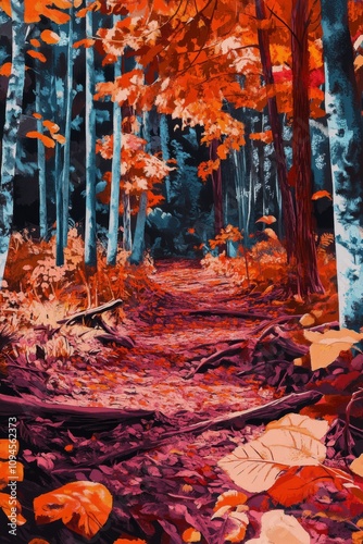 Vibrant red foliage creates a stunning path through the autumn forest in afte...