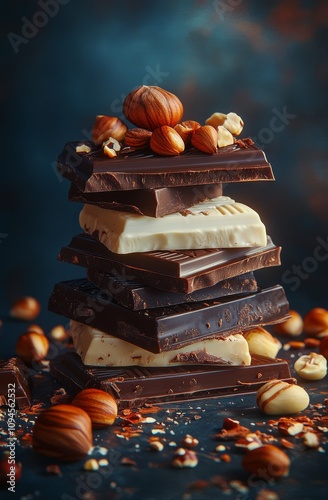 Delicious assortment of chocolate and hazelnuts arranged artistically for des...
