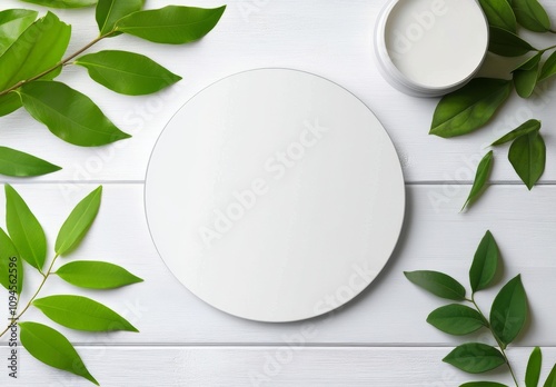 Circular white plate surrounded by vibrant green leaves on a light wooden sur...