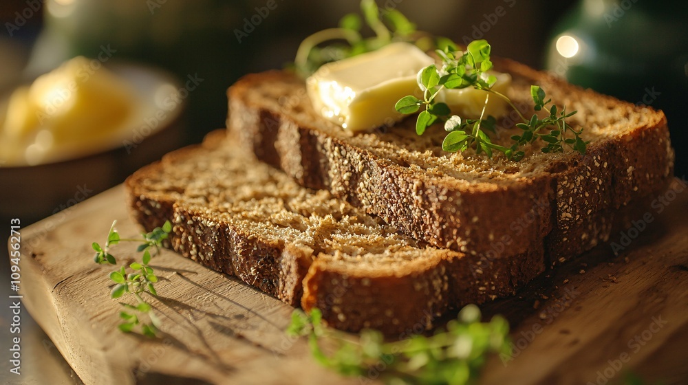 A close-up of a rustic wooden toast board featuring golden Irish soda bread slices topped with a rich pat of butter and garnished with fresh parsley. A close-up of a rustic wooden toast board featuring golden Irish soda bread slices topped with a rich pat of butter and garnished with fresh parsley.