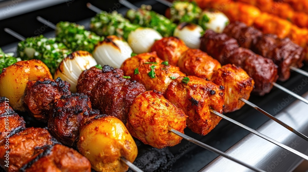 Grilled shish kebabs featuring a variety of meats and vibrant vegetables ready for a festive gathering outdoors Grilled shish kebabs featuring a variety of meats and vibrant vegetables ready for a festive gathering outdoors
