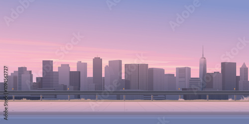 Cityscape view from sidewalk have silhouette skyscraper and dramatic sky background graphic illustration.