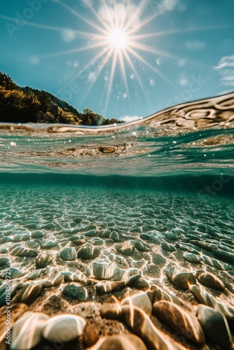 Sunlight dances on pebbles beneath clear water in a tranquil coastal environment
