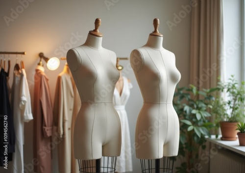 Tailoring workshop with vintage dress forms and stylish garments displayed