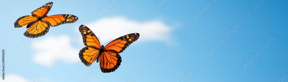 Obraz premium Two vibrant orange butterflies soar against a clear blue sky adorned with soft, white clouds, embodying freedom and nature's beauty.