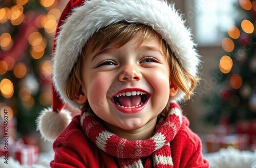 Happy laughting kid in Christmas hat, close-up. Festive bokeh background, blurred Christmas tree photo