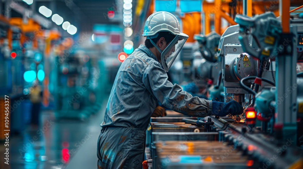 A worker in a factory setting, focused on a task A worker in a factory setting, focused on a task