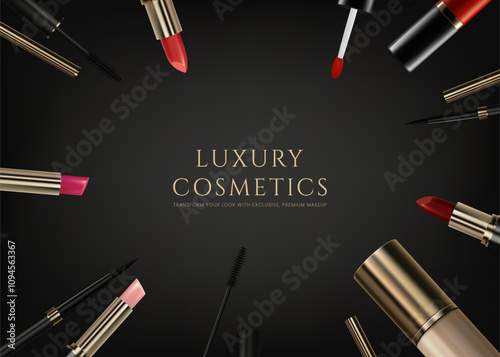 A luxury cosmetics banner featuring realistic lipstick, mascara, eyeliner, foundation cream bottle on a premium black background. Ideal for beauty product promotions, skincare, and elegance. Not AI.