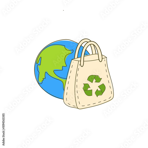 Vector flat illustration of Earth anime style with trash bag, transparent background image