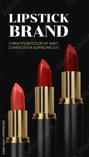 Make up banner. Branding design. A 3D realistic luxury lipstick in a gold and black tube, isolated on an elegant background with red tones, ideal for premium cosmetic ads. Not AI.