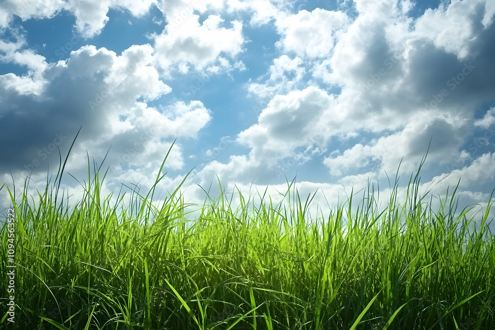 Summer field with vibrant green grass under a cloudy sky emphasizing natural beauty . image Summer field with vibrant green grass under a cloudy sky emphasizing natural beauty . image