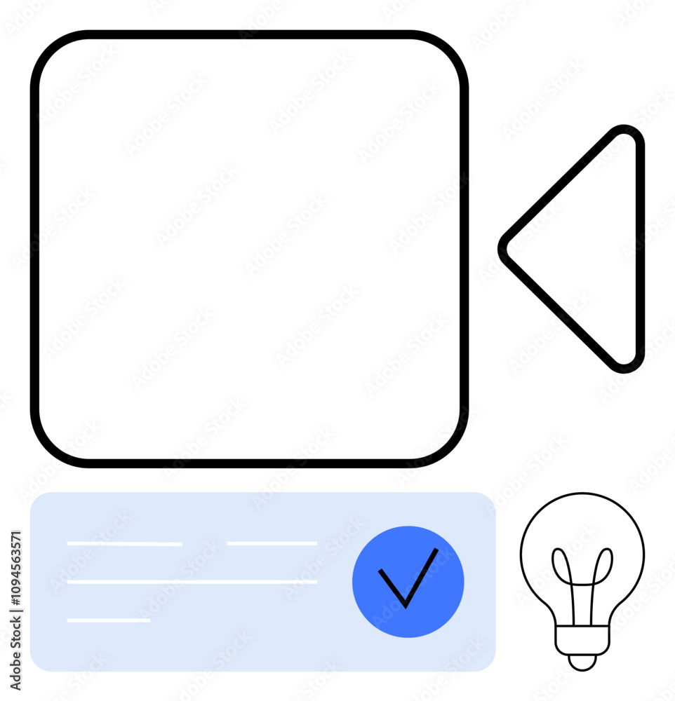 Video camera icon with play button, checklist with blue checkmark, and lightbulb symbolizing ideas. Ideal for video content, project management, creativity, innovation, education, brainstorming Video camera icon with play button, checklist with blue checkmark, and lightbulb symbolizing ideas. Ideal for video content, project management, creativity, innovation, education, brainstorming