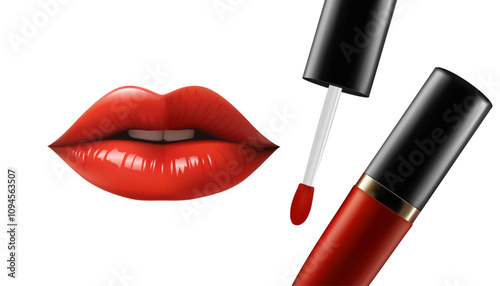 Red Lips 3d realistic with bright red lip gloss isolated on white. Realistic illustration