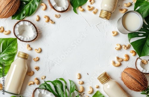 Creative arrangement of coconut products including milk and nuts with green l...
