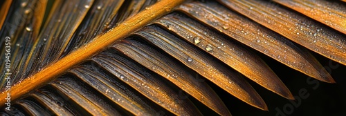 Water droplets glisten on palm fronds in a lush tropical environment during e...