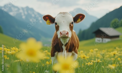 Calf in a Sunny Field Surrounded by Bright Flowers Near a Rustic Barn